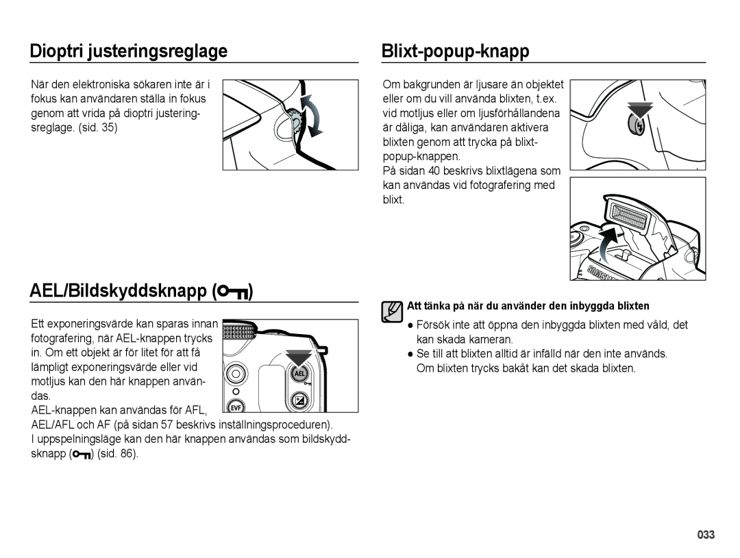 Samsung EC-WB5000BPBE2 manual Dioptri justeringsreglage, Blixt-popup-knapp, AEL/Bildskyddsknapp, Sknapp 