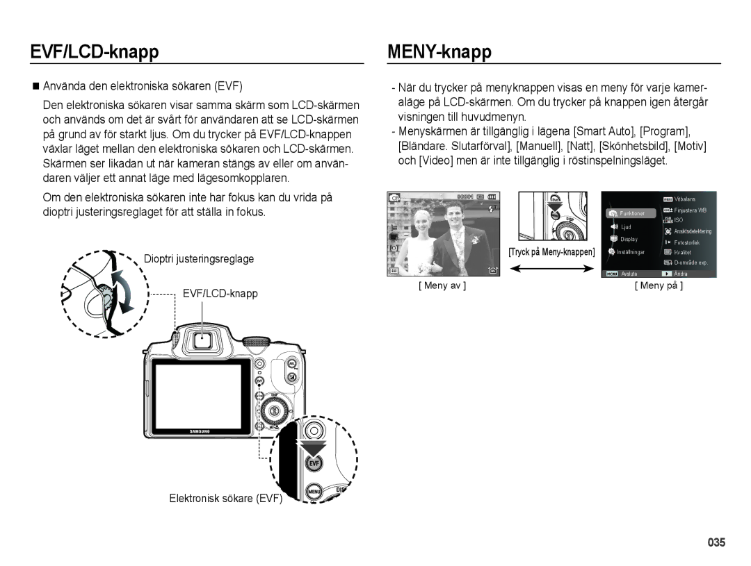 Samsung EC-WB5000BPBE2 manual MENY-knapp, Använda den elektroniska sökaren EVF, EVF/LCD-knapp 