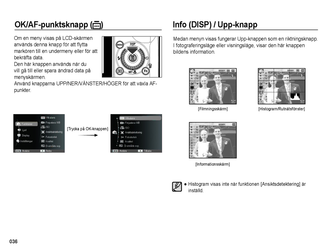 Samsung EC-WB5000BPBE2 manual OK/AF-punktsknapp, Info Disp / Upp-knapp 