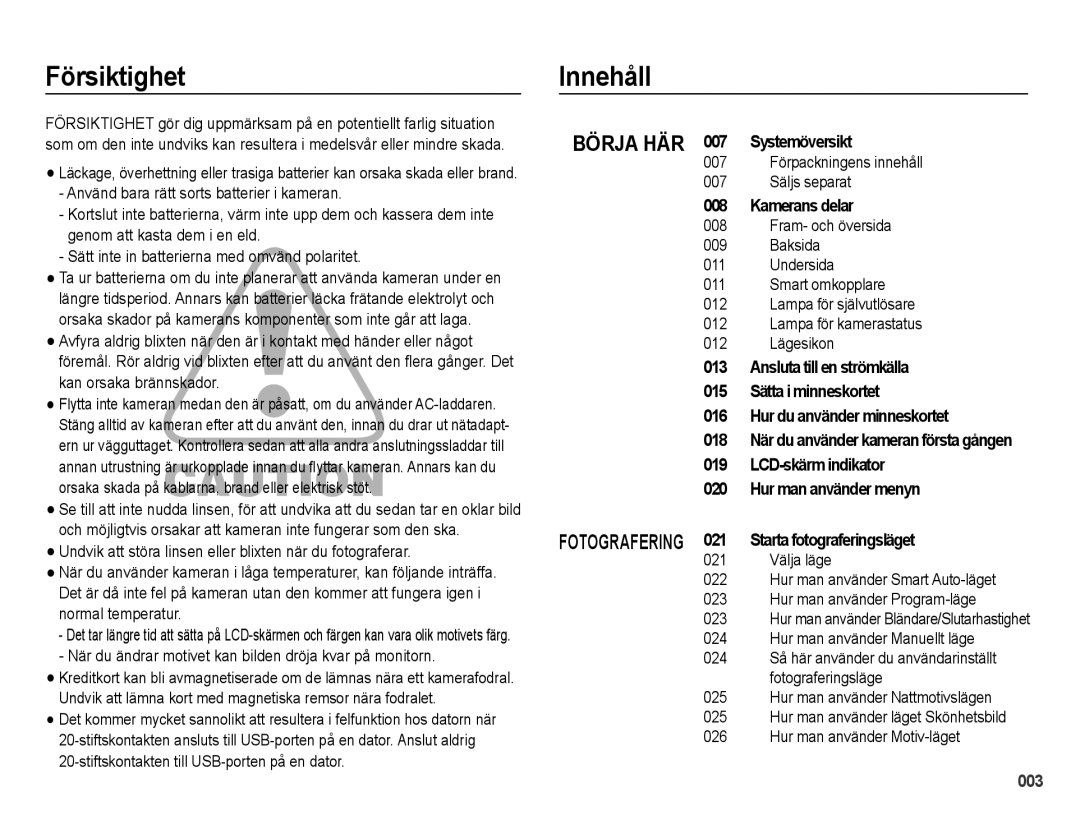 Samsung EC-WB5000BPBE2 manual Försiktighet, Innehåll 