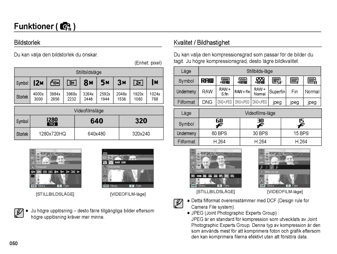 Samsung EC-WB5000BPBE2 manual Bildstorlek, Kvalitet / Bildhastighet, Du kan välja den bildstorlek du önskar 