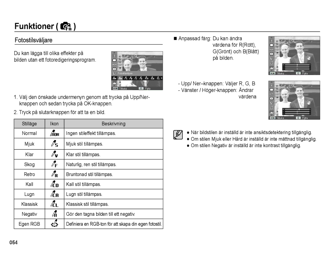 Samsung EC-WB5000BPBE2 manual Fotostilsväljare, Upp/ Ner-knappen Väljer R, G, B 