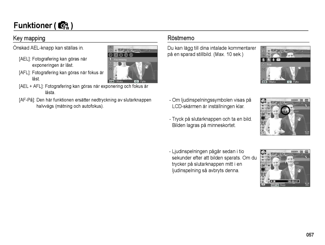 Samsung EC-WB5000BPBE2 manual Key mapping Röstmemo, Önskad AEL-knapp kan ställas 