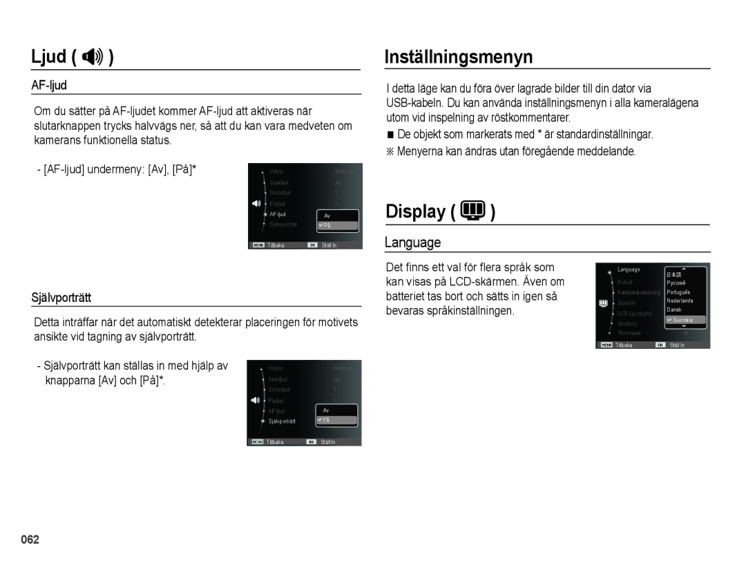 Samsung EC-WB5000BPBE2 manual Inställningsmenyn, Display, Language 