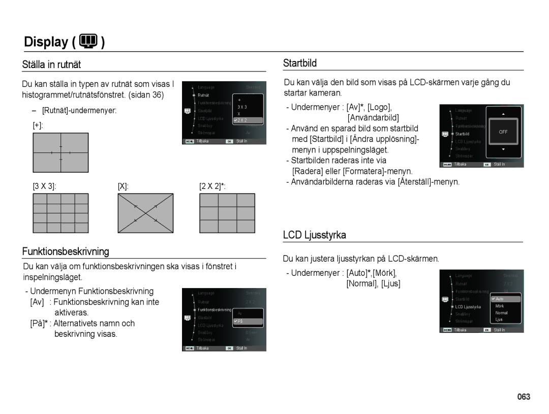 Samsung EC-WB5000BPBE2 manual Ställa in rutnät Startbild, LCD Ljusstyrka Funktionsbeskrivning 