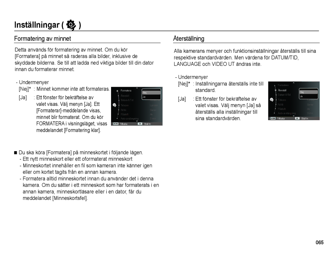 Samsung EC-WB5000BPBE2 manual Inställningar, Formatering av minnet, Återställning, Nej* Minnet kommer inte att formateras 