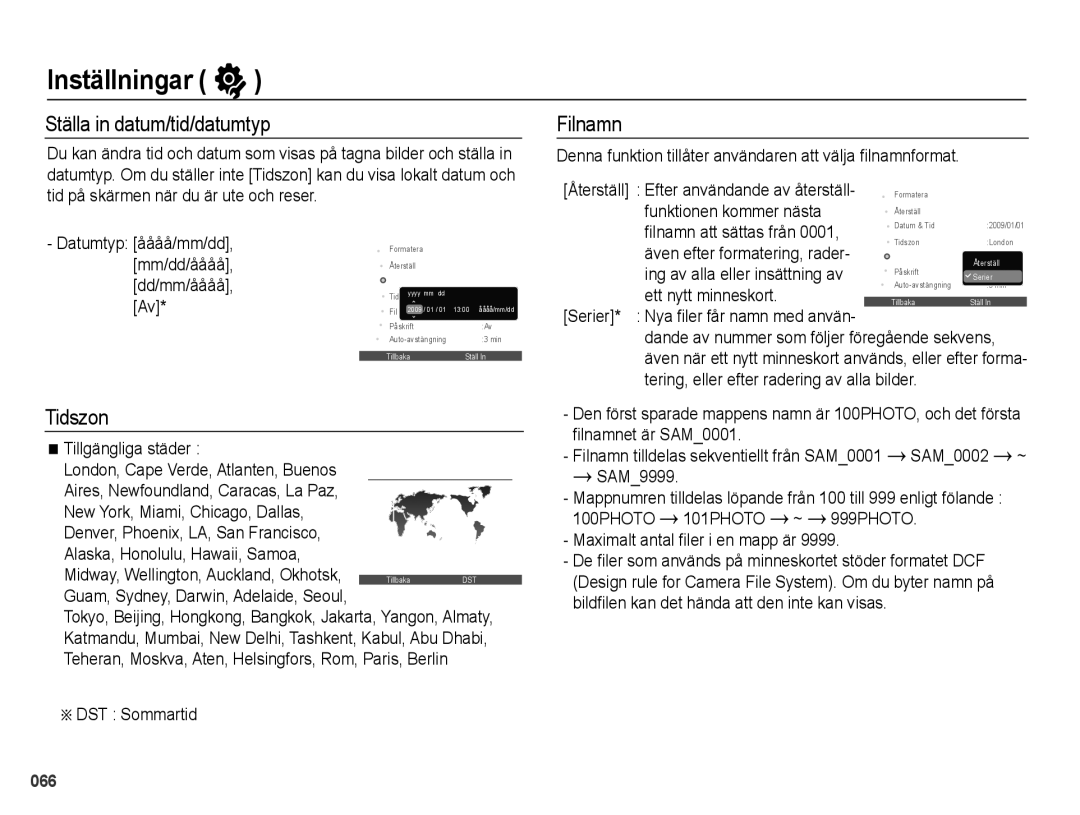 Samsung EC-WB5000BPBE2 manual Ställa in datum/tid/datumtyp, Tidszon, Filnamn 