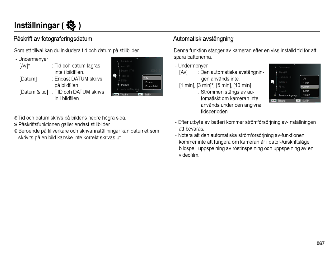 Samsung EC-WB5000BPBE2 manual Påskrift av fotograferingsdatum, Automatisk avstängning 