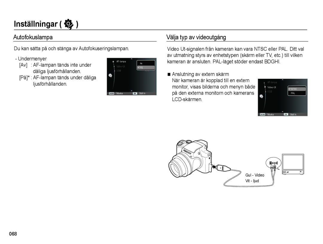 Samsung EC-WB5000BPBE2 manual Autofokuslampa, Välja typ av videoutgång, Du kan sätta på och stänga av Autofokuseringslampan 