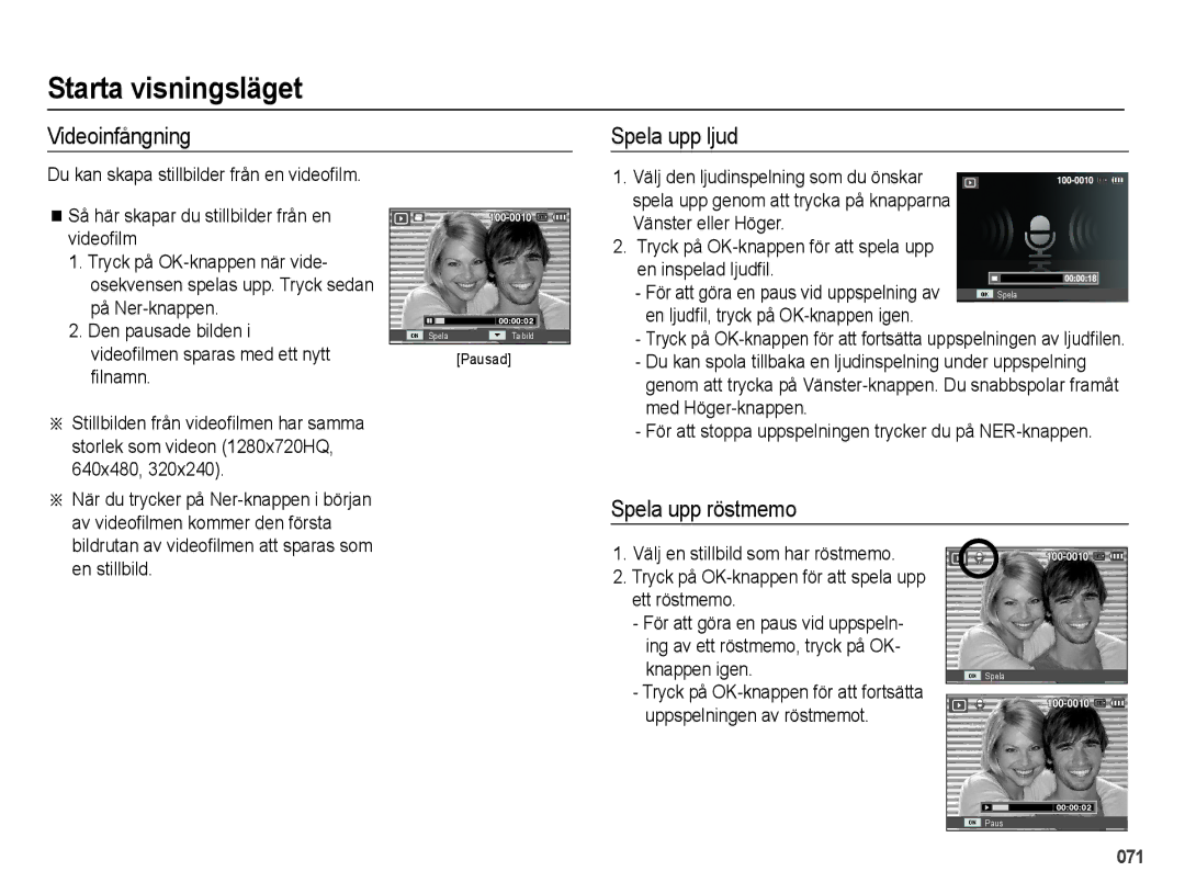 Samsung EC-WB5000BPBE2 manual Videoinfångning, Spela upp ljud, Spela upp röstmemo 