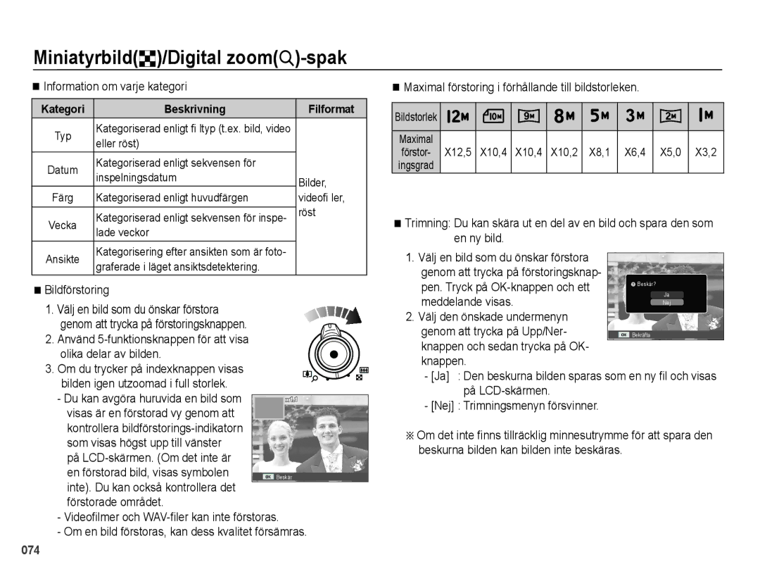 Samsung EC-WB5000BPBE2 manual Information om varje kategori, Bildförstoring 