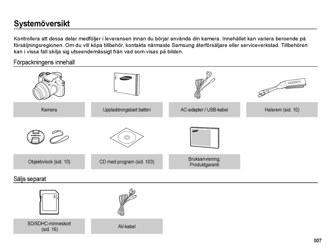 Samsung EC-WB5000BPBE2 manual Systemöversikt, Förpackningens innehåll, Säljs separat, Objektivlock sid CD med program sid 