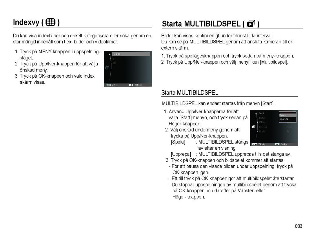 Samsung EC-WB5000BPBE2 manual Indexvy, Starta Multibildspel , Multibildspel kan endast startas från menyn Start 