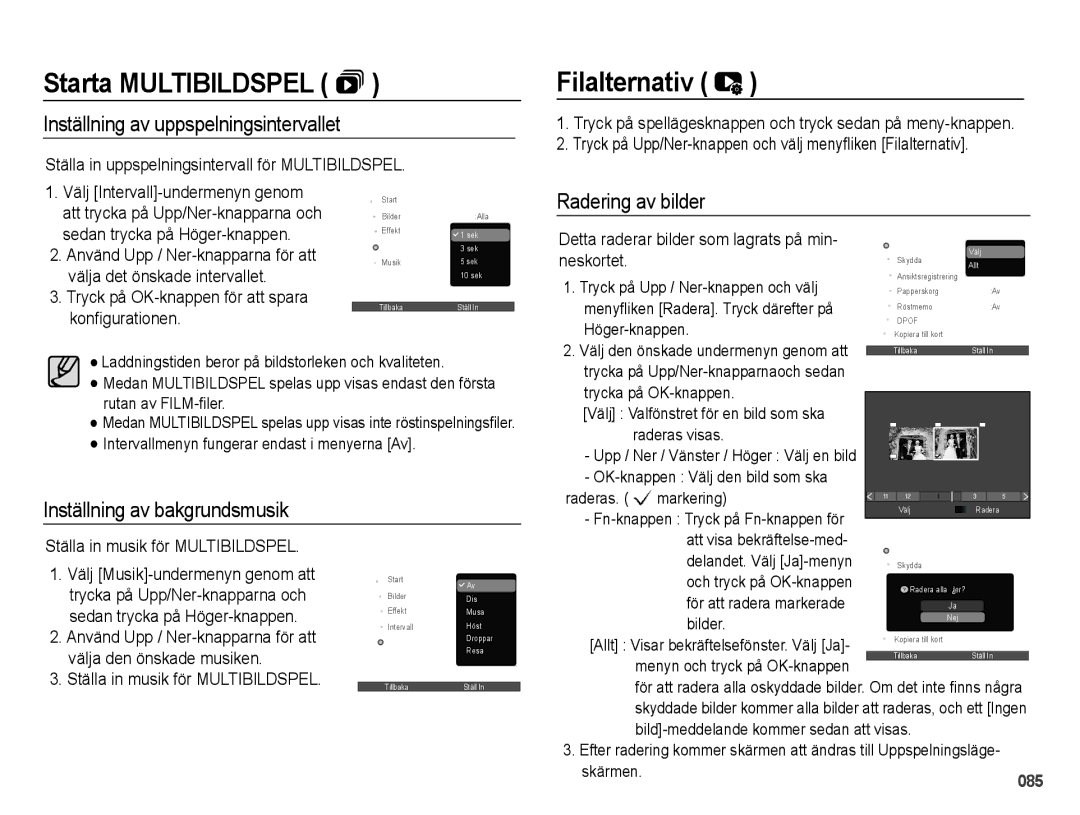 Samsung EC-WB5000BPBE2 manual Filalternativ, Inställning av uppspelningsintervallet, Radering av bilder 