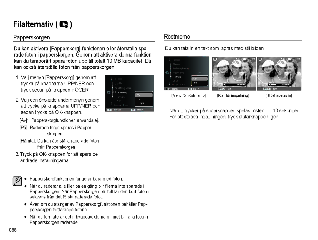 Samsung EC-WB5000BPBE2 Papperskorgen, Du kan tala in en text som lagras med stillbilden, Tryck sedan på knappen Höger 