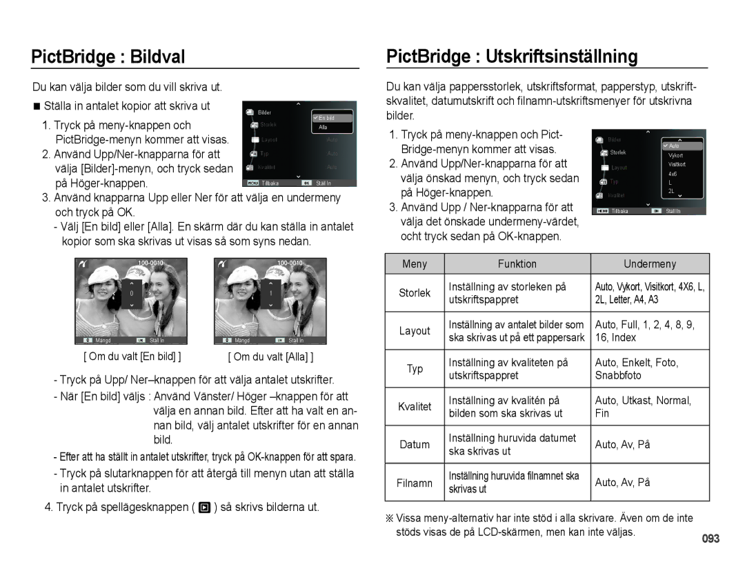 Samsung EC-WB5000BPBE2 manual PictBridge Bildval, PictBridge Utskriftsinställning 