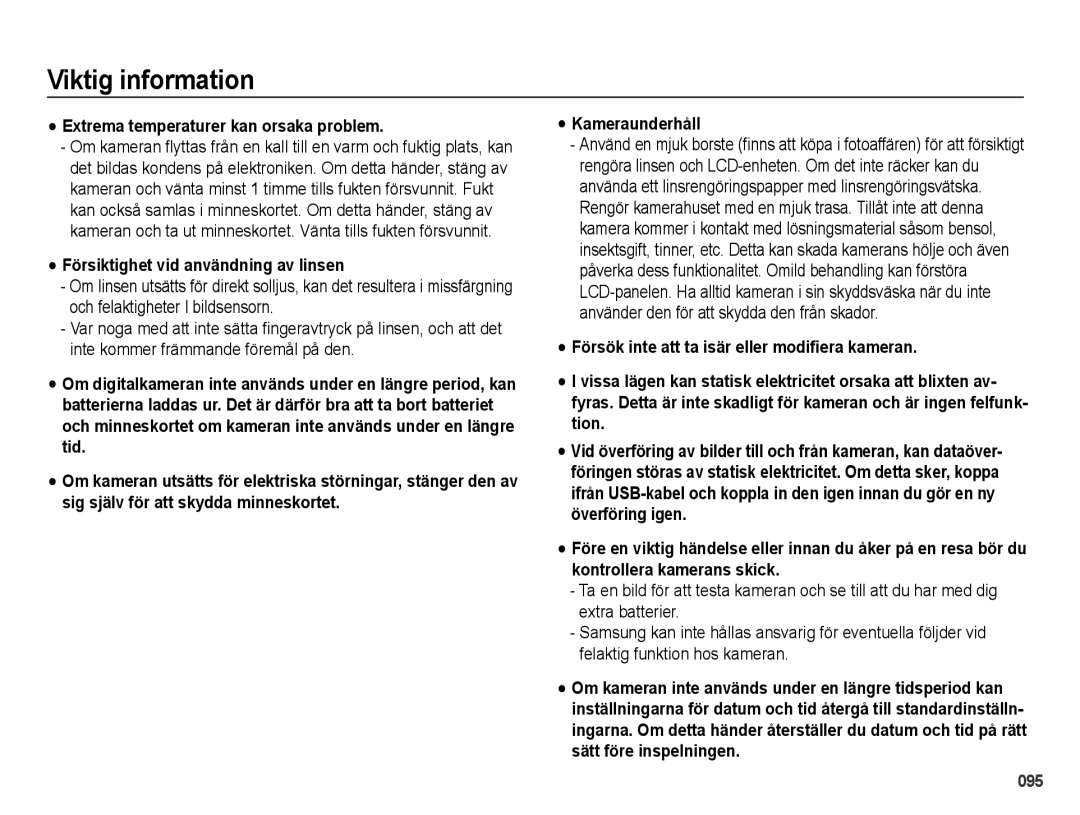 Samsung EC-WB5000BPBE2 manual Extrema temperaturer kan orsaka problem, Försiktighet vid användning av linsen 