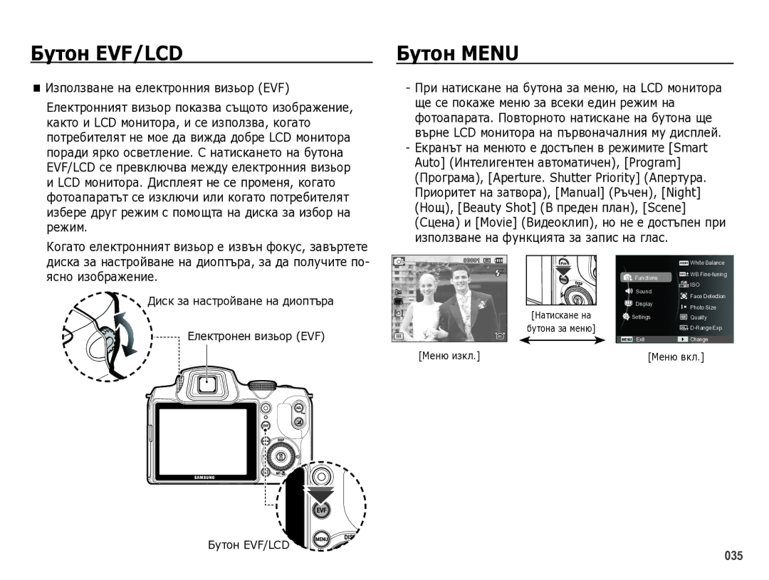 Samsung EC-WB5000BPBE3 manual ǨțтȖȕ Menu, ИзпȖлзвȈнȍ нȈ ȍлȍктȘȖнния визьȖȘ EVF, БțтȖн EVF/LCD, Ǵȍню изкл Ǵȍню вкл 