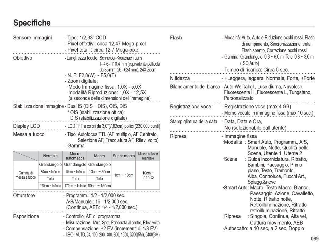 Samsung EC-WB5000BPBIT manual Speciﬁche 