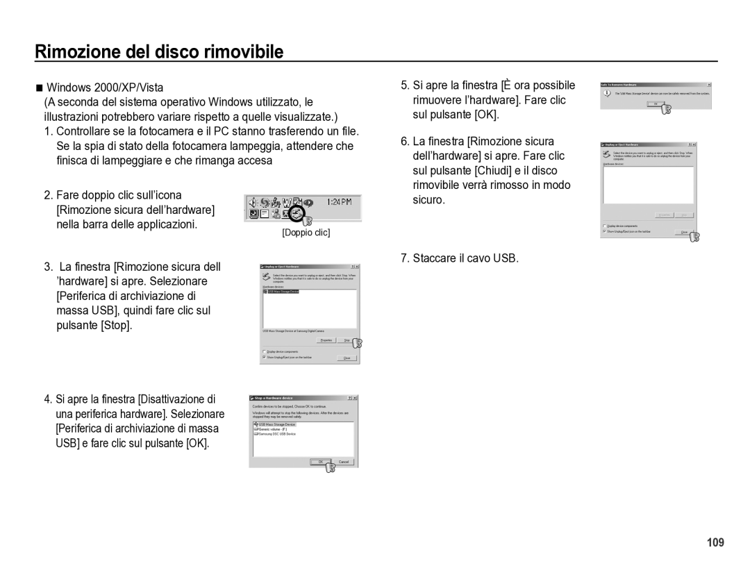 Samsung EC-WB5000BPBIT manual Rimozione del disco rimovibile, Windows 2000/XP/Vista, Nella barra delle applicazioni 