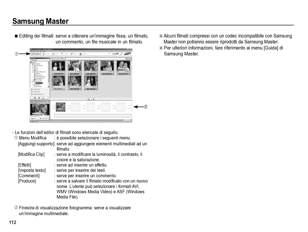 Samsung EC-WB5000BPBIT Le funzioni dell’editor di filmati sono elencate di seguito, Filmato, Modifica Clip, Media File 