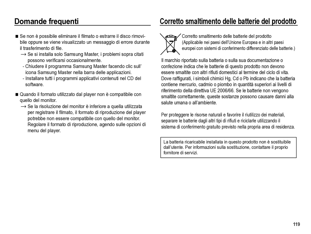 Samsung EC-WB5000BPBIT manual Corretto smaltimento delle batterie del prodotto 