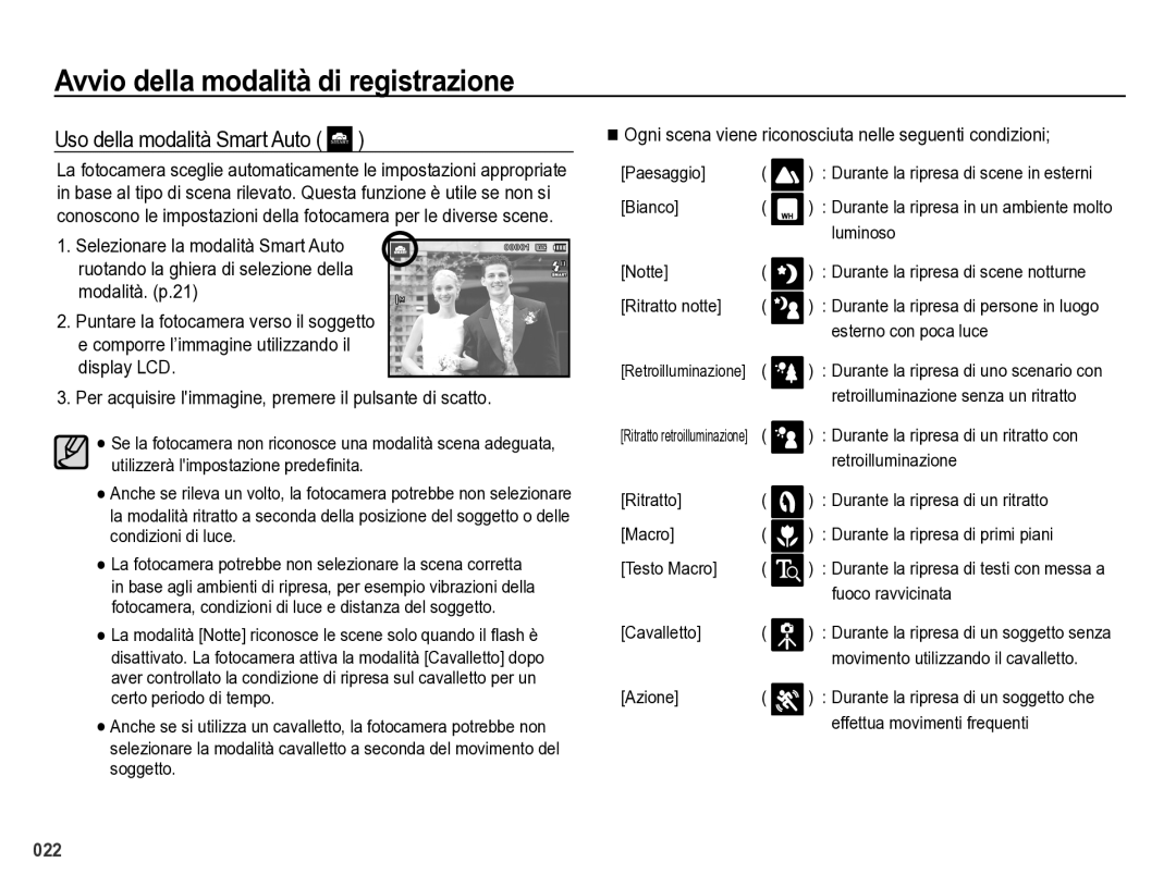 Samsung EC-WB5000BPBIT manual Uso della modalità Smart Auto, Ogni scena viene riconosciuta nelle seguenti condizioni 