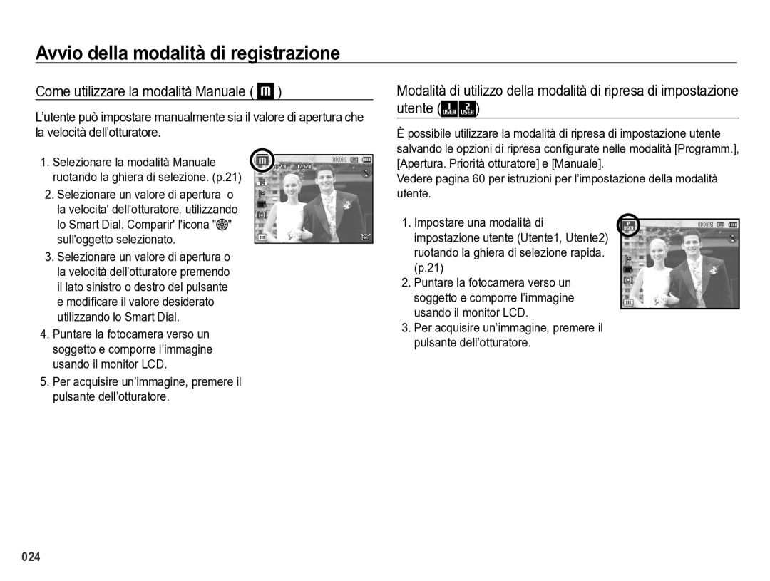 Samsung EC-WB5000BPBIT manual Come utilizzare la modalità Manuale, Utente 