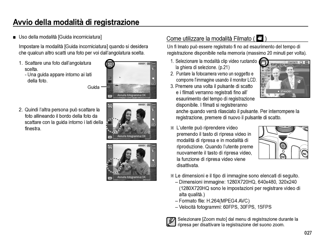 Samsung EC-WB5000BPBIT manual Come utilizzare la modalità Filmato, „ Uso della modalità Guida incorniciatura 