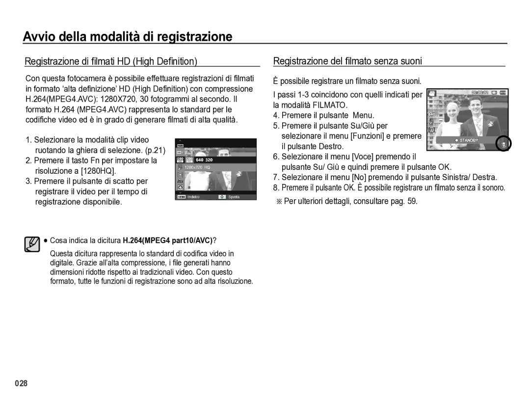 Samsung EC-WB5000BPBIT manual Registrazione di ¿lmati HD High De¿nition, Registrazione del ¿lmato senza suoni 