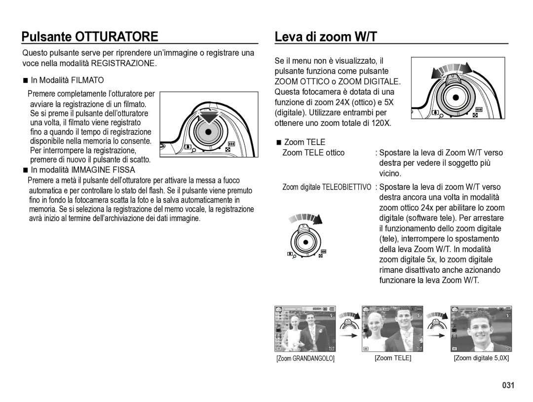 Samsung EC-WB5000BPBIT manual Pulsante Otturatore, Leva di zoom W/T 