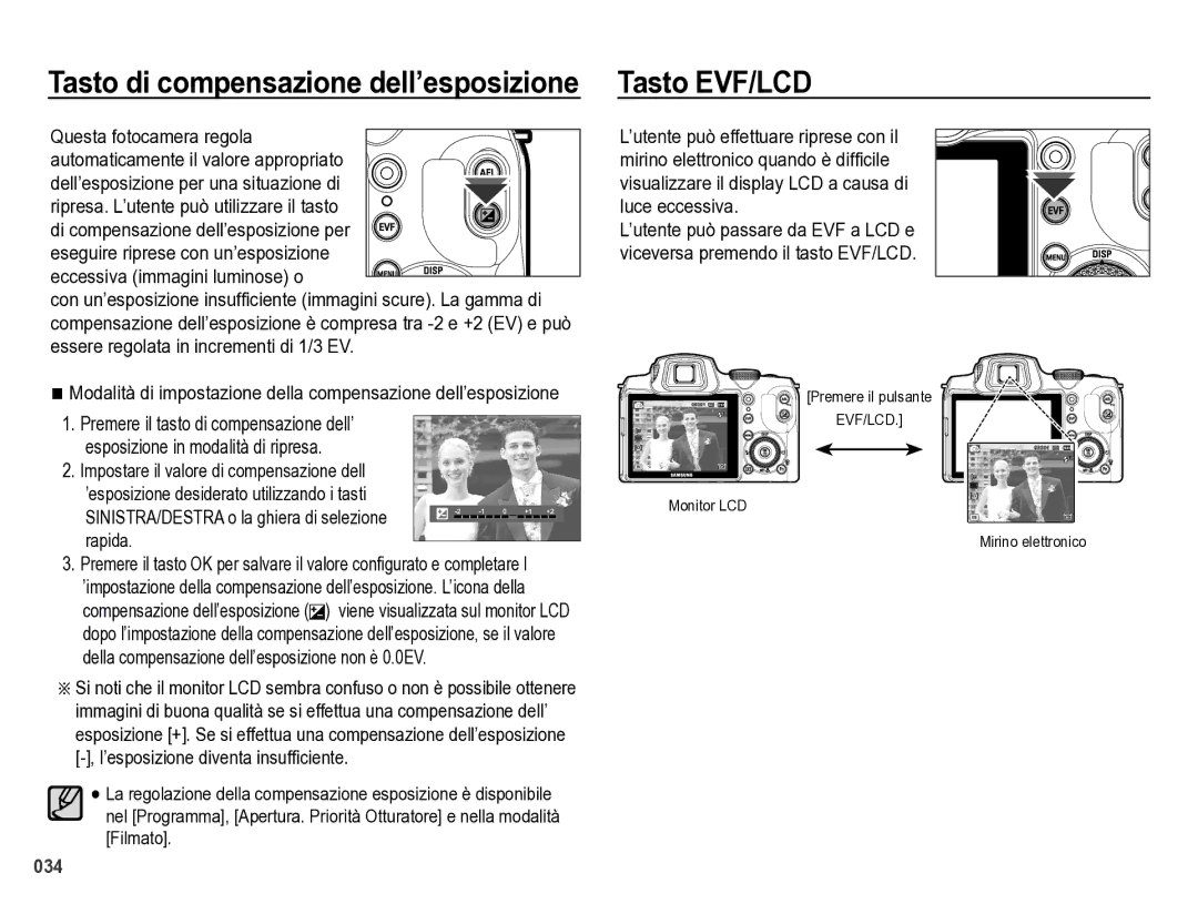 Samsung EC-WB5000BPBIT manual Tasto di compensazione dell’esposizione Tasto EVF/LCD, Eccessiva immagini luminose o 