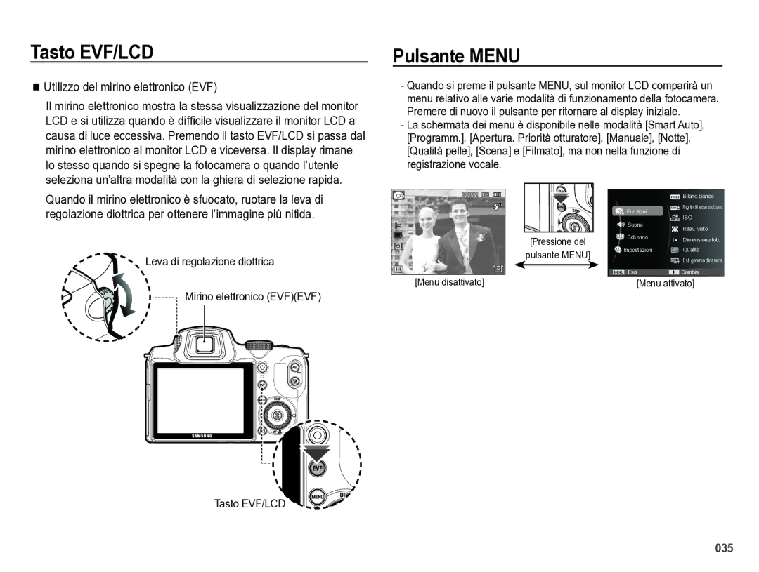 Samsung EC-WB5000BPBIT manual Tasto EVF/LCD, Pulsante Menu, Utilizzo del mirino elettronico EVF 