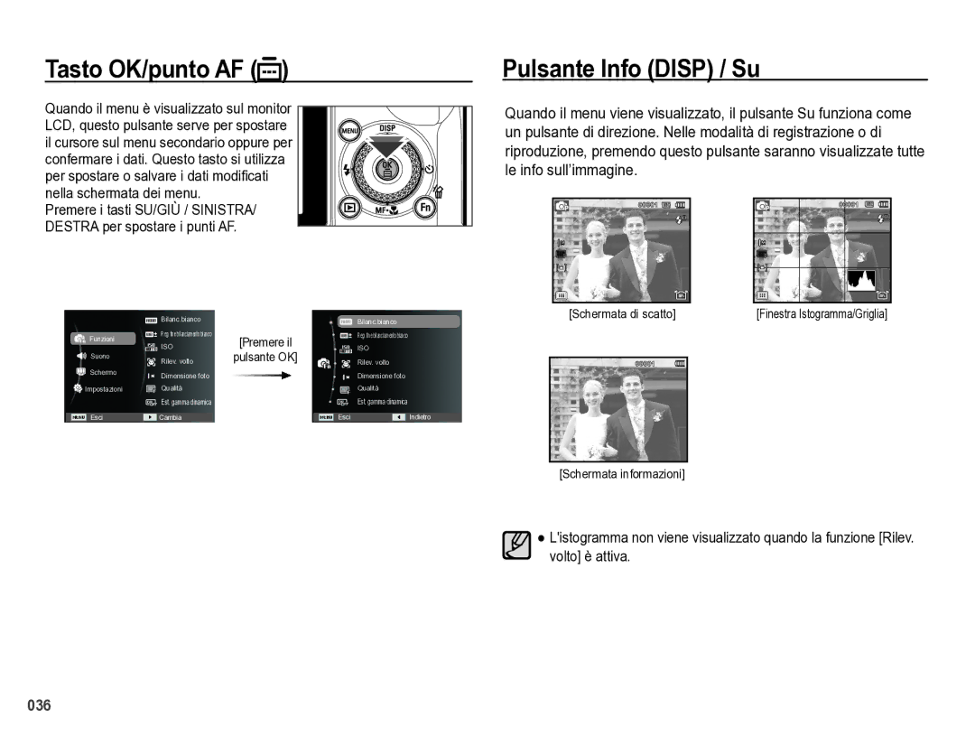 Samsung EC-WB5000BPBIT manual Tasto OK/punto AF, Pulsante Info Disp / Su 