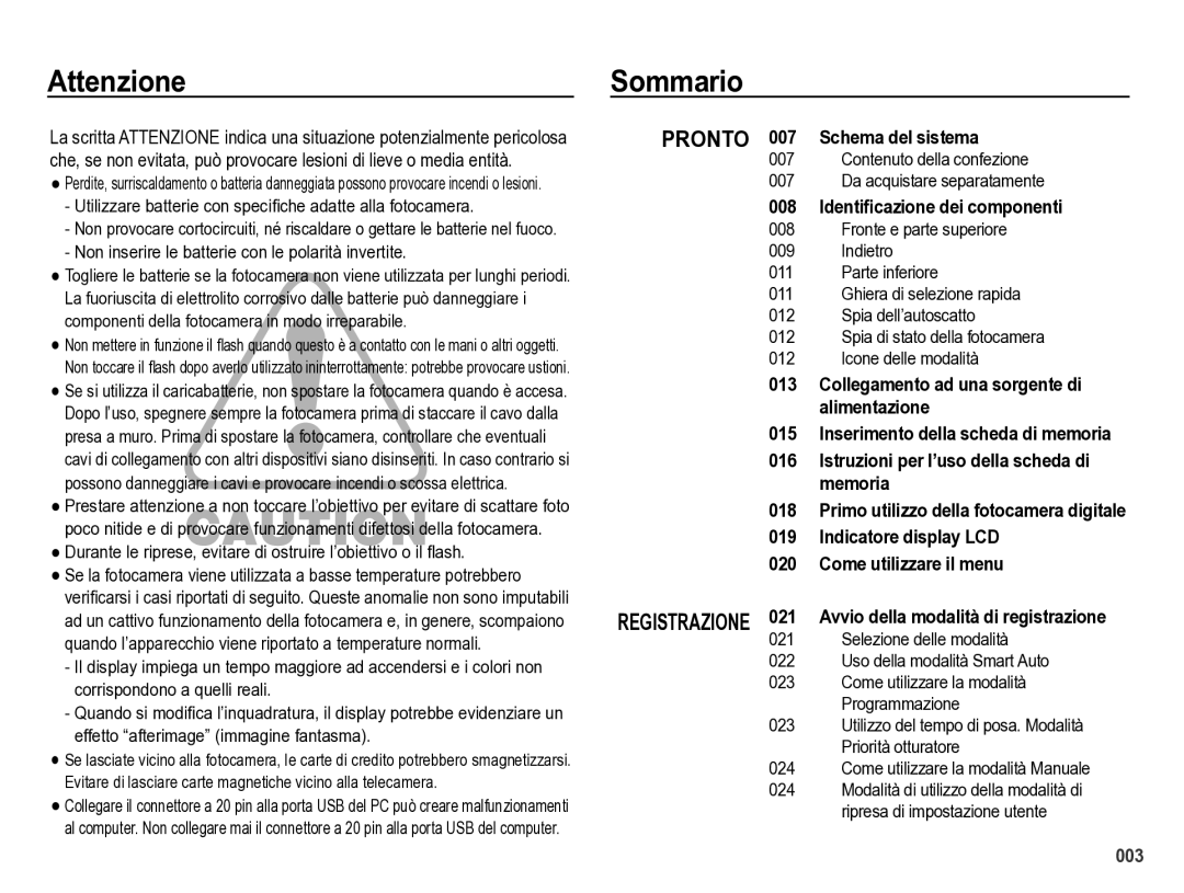 Samsung EC-WB5000BPBIT manual Attenzione Sommario, Utilizzare batterie con speci¿che adatte alla fotocamera 