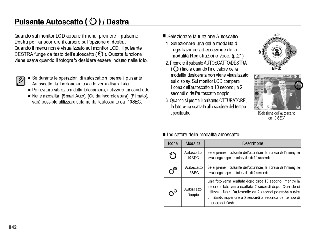 Samsung EC-WB5000BPBIT manual Pulsante Autoscatto / Destra, Selezionare la funzione Autoscatto, Speci¿cato 