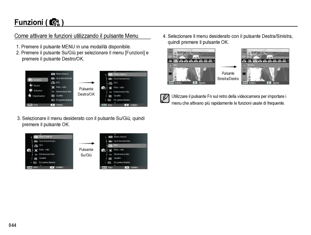 Samsung EC-WB5000BPBIT manual Come attivare le funzioni utilizzando il pulsante Menu 