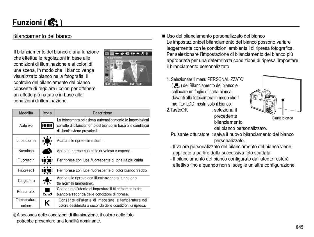 Samsung EC-WB5000BPBIT Bilanciamento del bianco, Uso del bilanciamento personalizzato del bianco, TastoOK, Precedente 