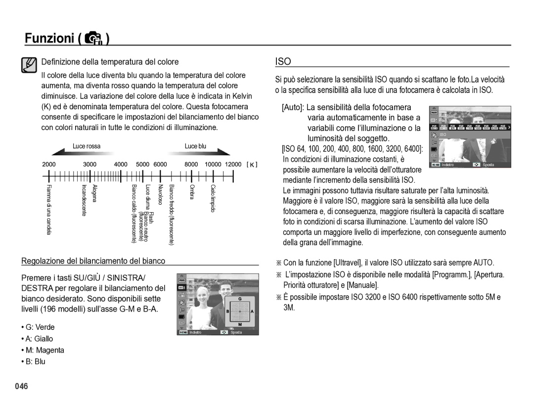 Samsung EC-WB5000BPBIT manual Definizione della temperatura del colore, Regolazione del bilanciamento del bianco 