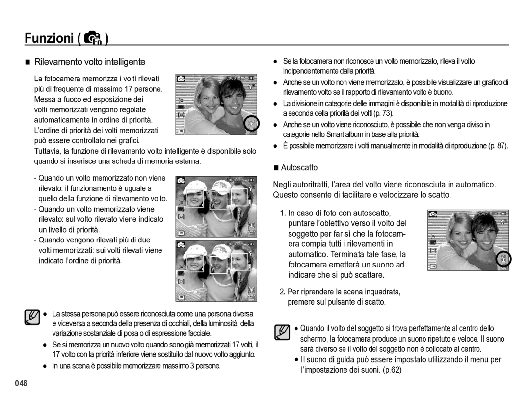 Samsung EC-WB5000BPBIT manual Rilevamento volto intelligente, Autoscatto 