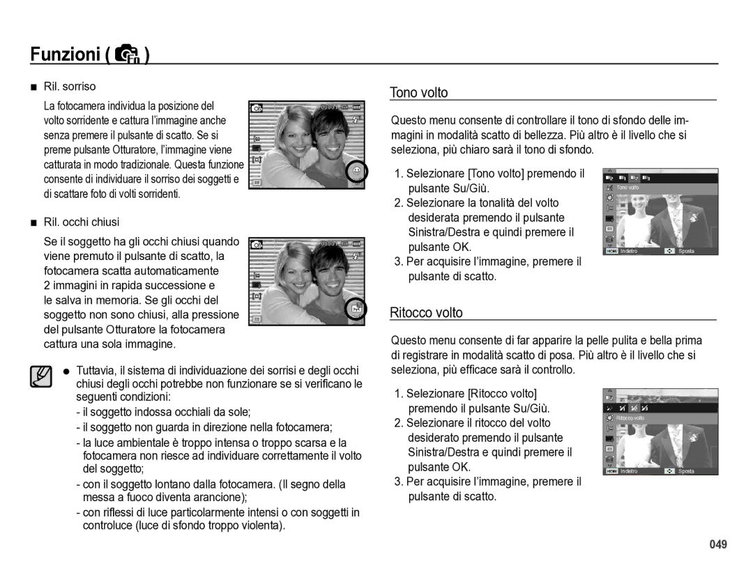 Samsung EC-WB5000BPBIT manual Tono volto, Ritocco volto 