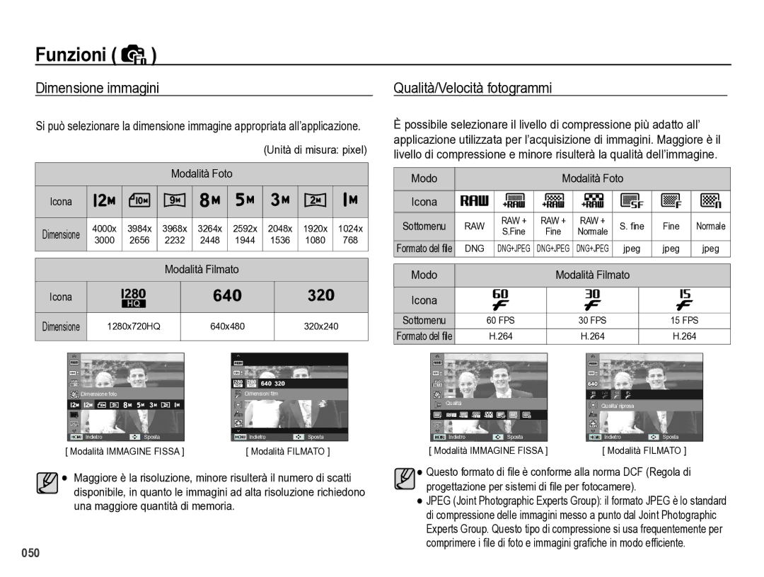 Samsung EC-WB5000BPBIT manual Dimensione immagini, Qualità/Velocità fotogrammi, Unità di misura pixel Modalità Foto 