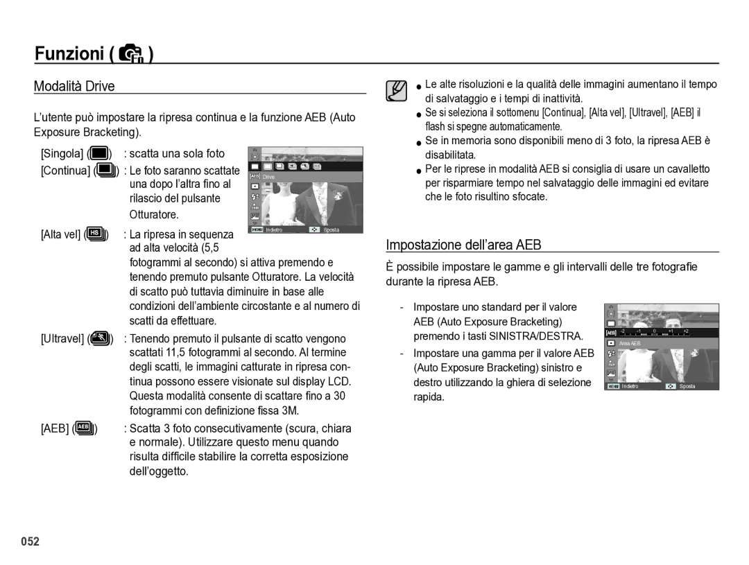 Samsung EC-WB5000BPBIT manual Modalità Drive, Impostazione dell’area AEB 