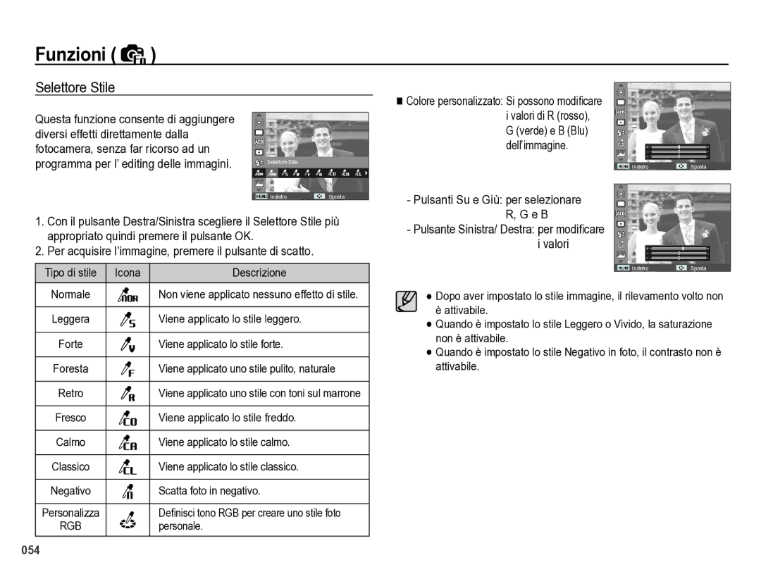 Samsung EC-WB5000BPBIT manual Selettore Stile, E B, Valori 