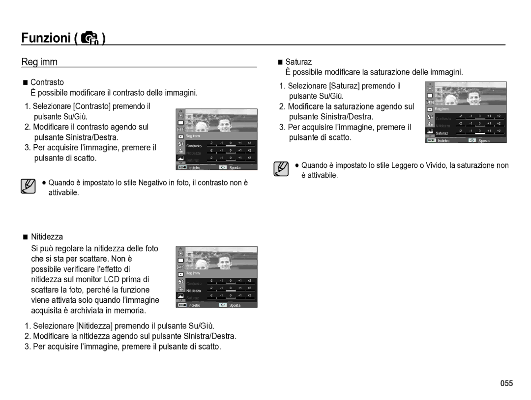 Samsung EC-WB5000BPBIT manual Reg imm, Pulsante Su/Giù, Pulsante Sinistra/Destra, Pulsante di scatto, Nitidezza 