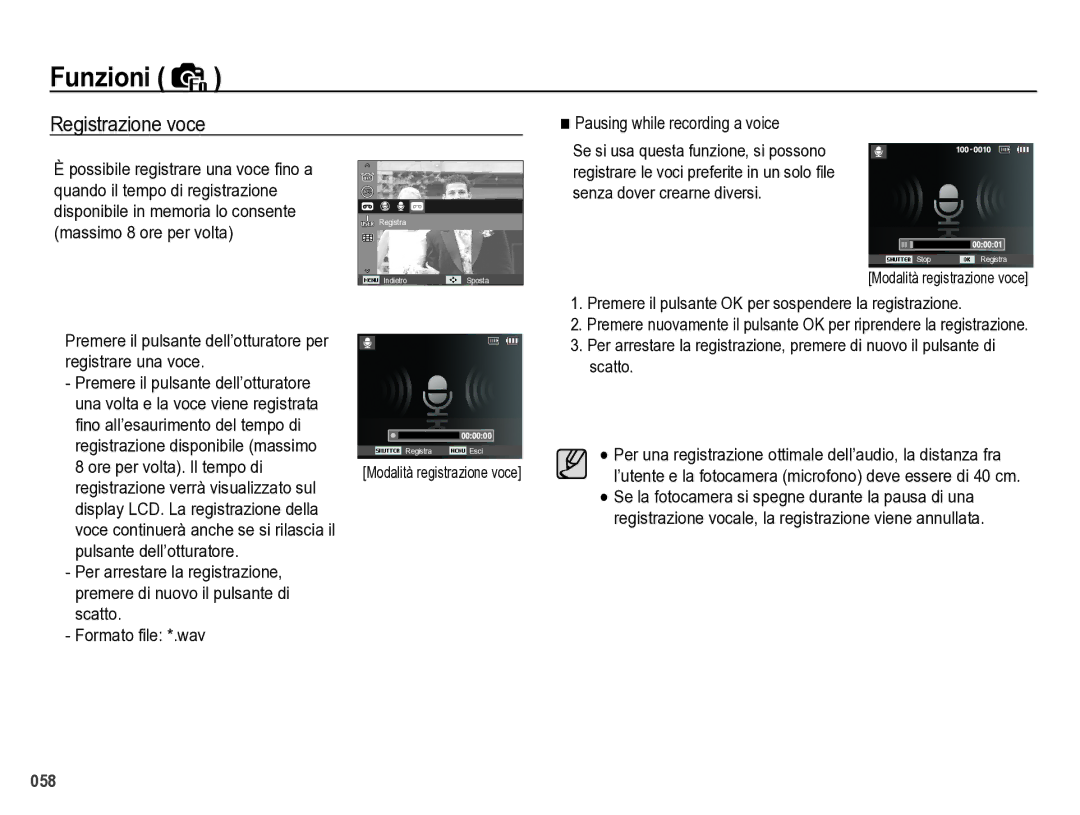 Samsung EC-WB5000BPBIT manual Registrazione voce, Pausing while recording a voice, Modalità registrazione voce 