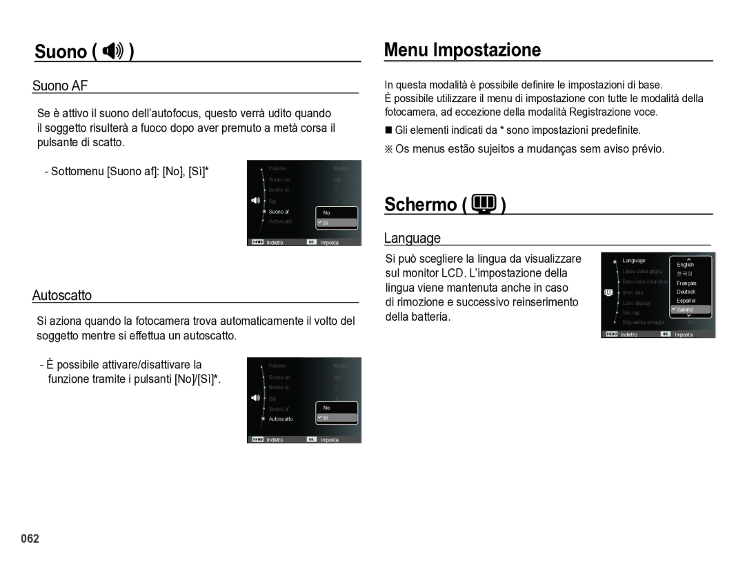 Samsung EC-WB5000BPBIT manual Suono , Menu Impostazione, Schermo, Suono AF, Language Autoscatto 