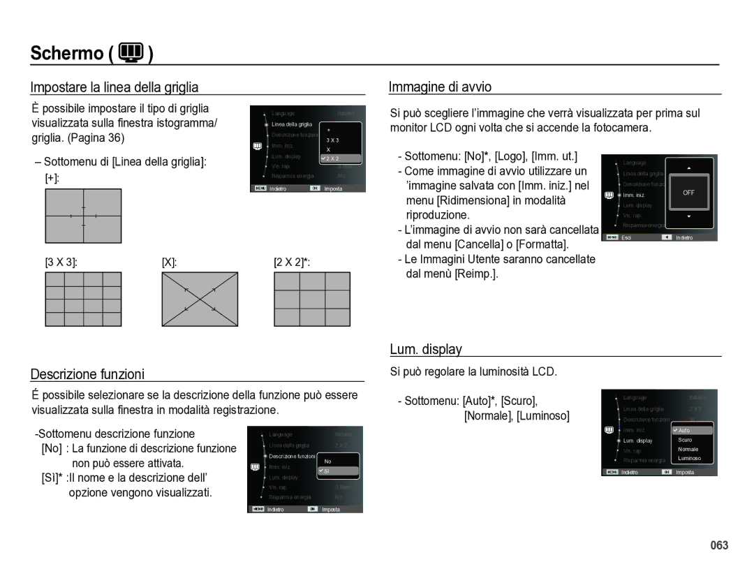 Samsung EC-WB5000BPBIT manual Impostare la linea della griglia Immagine di avvio, Lum. display Descrizione funzioni 