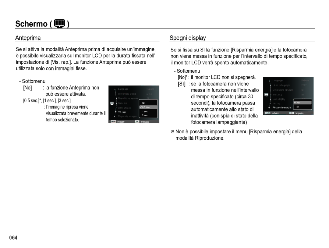 Samsung EC-WB5000BPBIT manual Anteprima, Spegni display, Sottomenu, Sec.*, 1 sec., 3 sec 