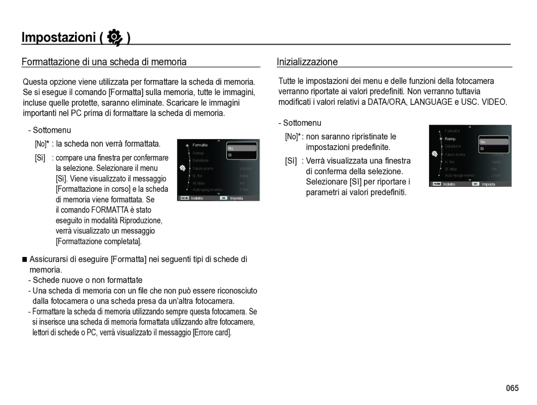 Samsung EC-WB5000BPBIT manual Impostazioni, Formattazione di una scheda di memoria, Inizializzazione 